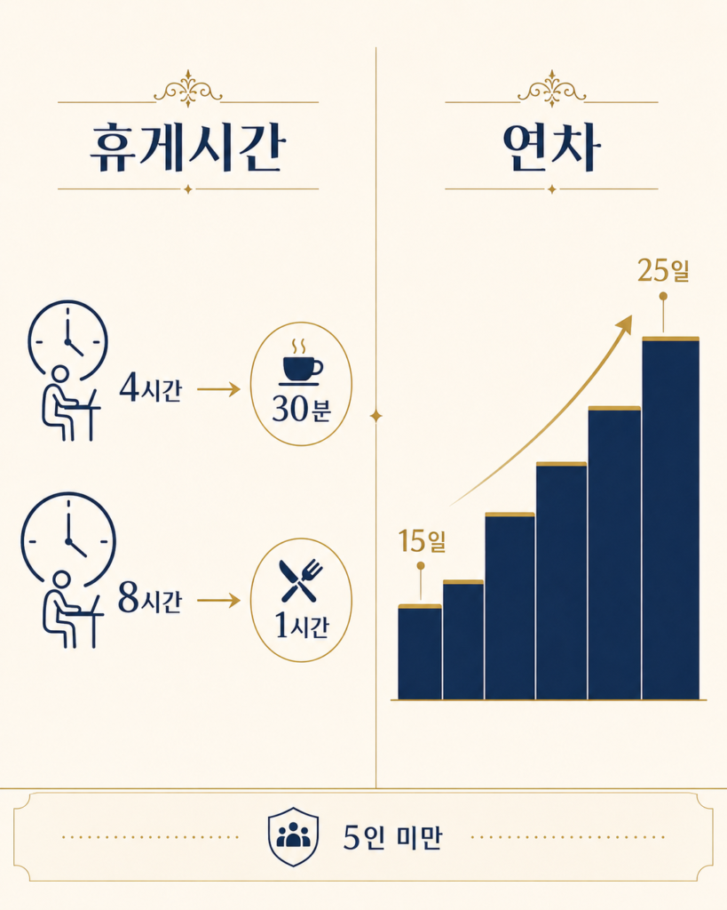 휴게시간 4시간당 30분·8시간당 1시간 부여 기준과 연차가 15일에서 최대 25일까지 늘어나는 구조를 5인 미만 사업장 기준으로 정리한 인포그래픽