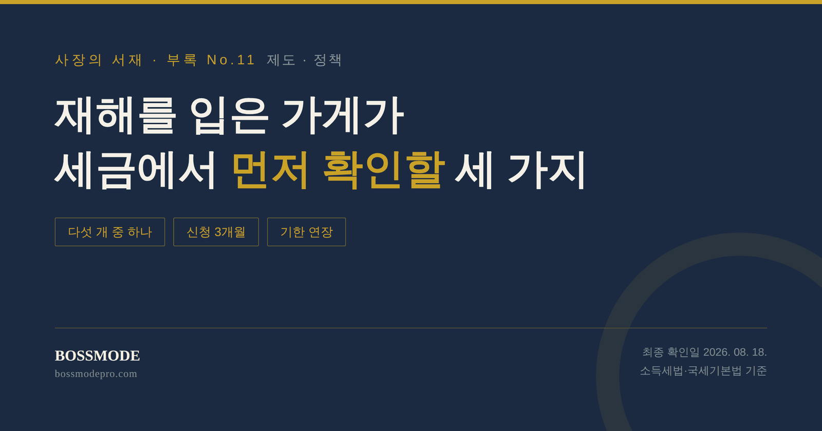 사장의 서재 부록 No.11 대표 이미지 — 재해를 입은 가게가 세금에서 먼저 확인할 세 가지. 다섯 개 중 하나, 신청 3개월, 기한 연장