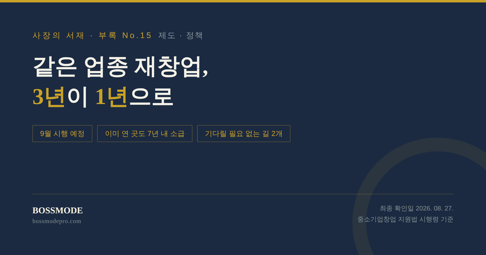 폐업 후 같은 업종 재창업 시 창업 인정 대기기간이 3년에서 1년으로 줄어드는 개정을 다룬 부록 No.15 대표이미지