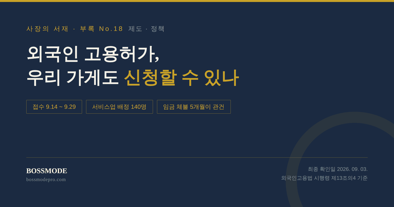사장의 서재 부록 No.18 대표 이미지 — 외국인 고용허가, 우리 가게도 신청할 수 있나. 접수 9월 14일부터 29일까지, 서비스업 배정 140명, 임금 체불 5개월이 관건