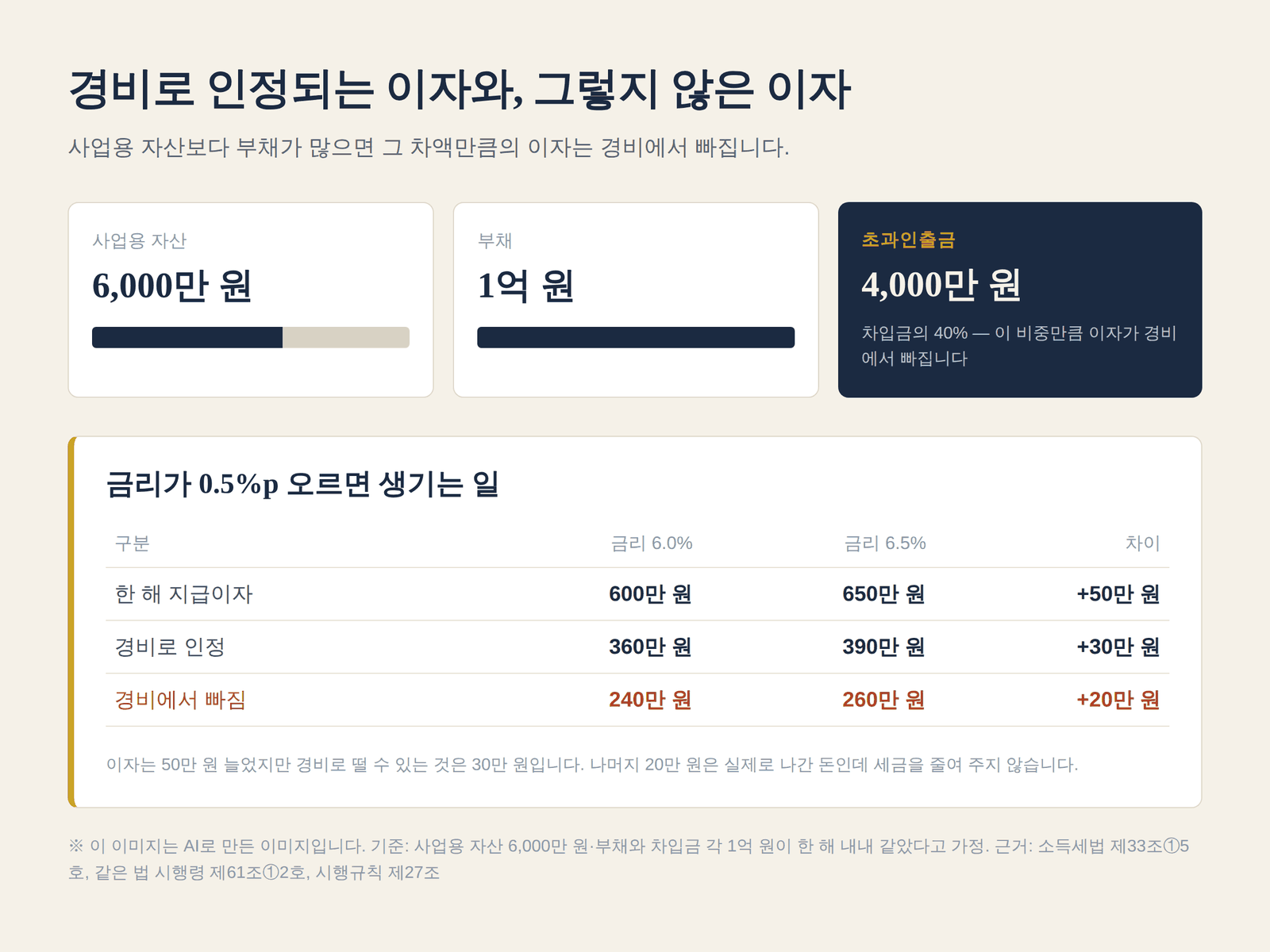 사업용 자산과 부채의 차액인 초과인출금 구조와, 금리가 0.5%p 오를 때 경비 인정액과 불산입액이 어떻게 갈리는지 보여 주는 비교표