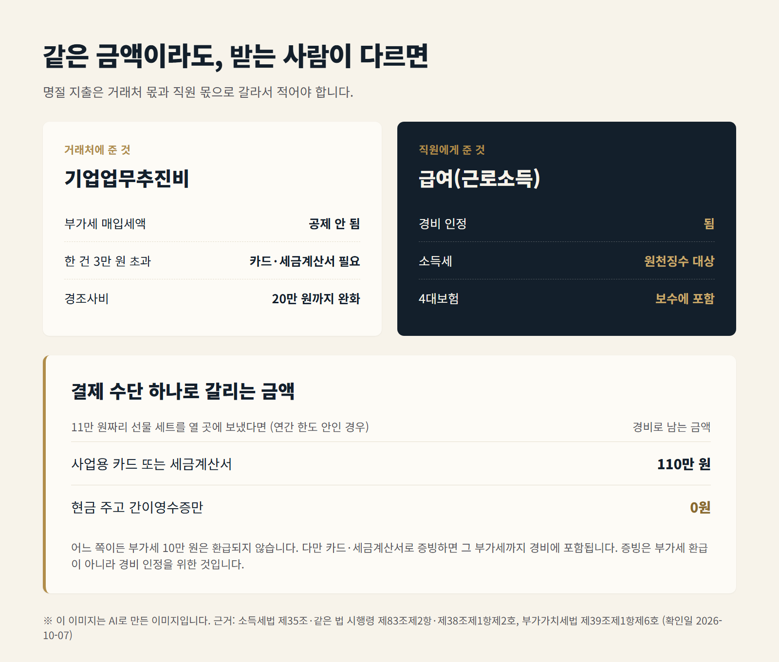 거래처에 준 명절 선물과 직원에게 준 떡값의 세법상 처리 차이, 그리고 결제 수단에 따라 경비 인정액이 갈리는 비교표
